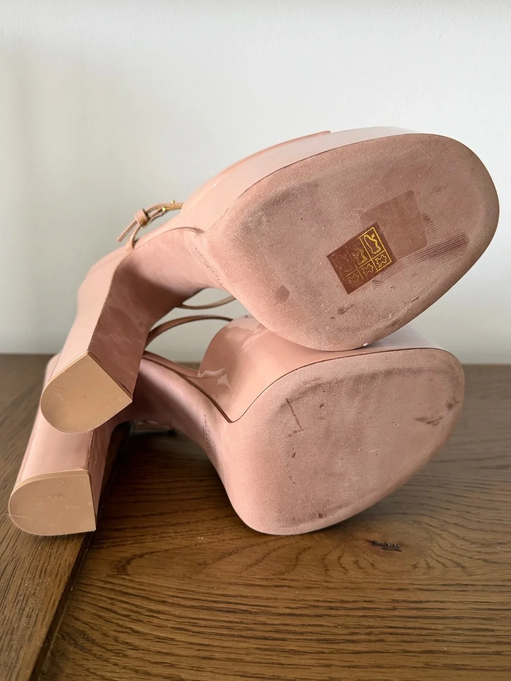 Valentino Blush Patent Leather Platform Heels with Gold Logo Buckle